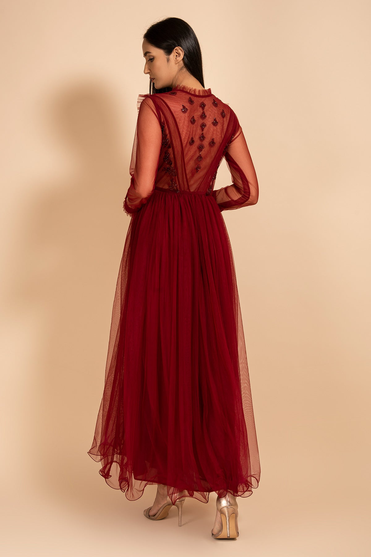 Red Gown Detailed With Pintucks And Floral Embroidery