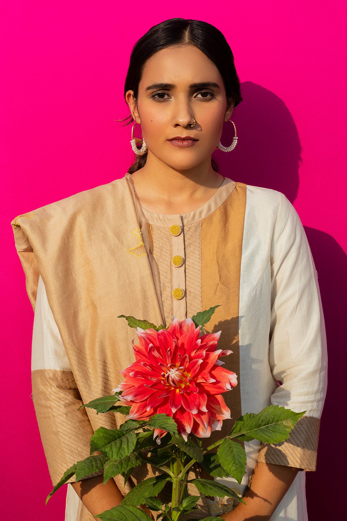 Color Block Chanderi Embroidered Tunic And Duppatta Set
