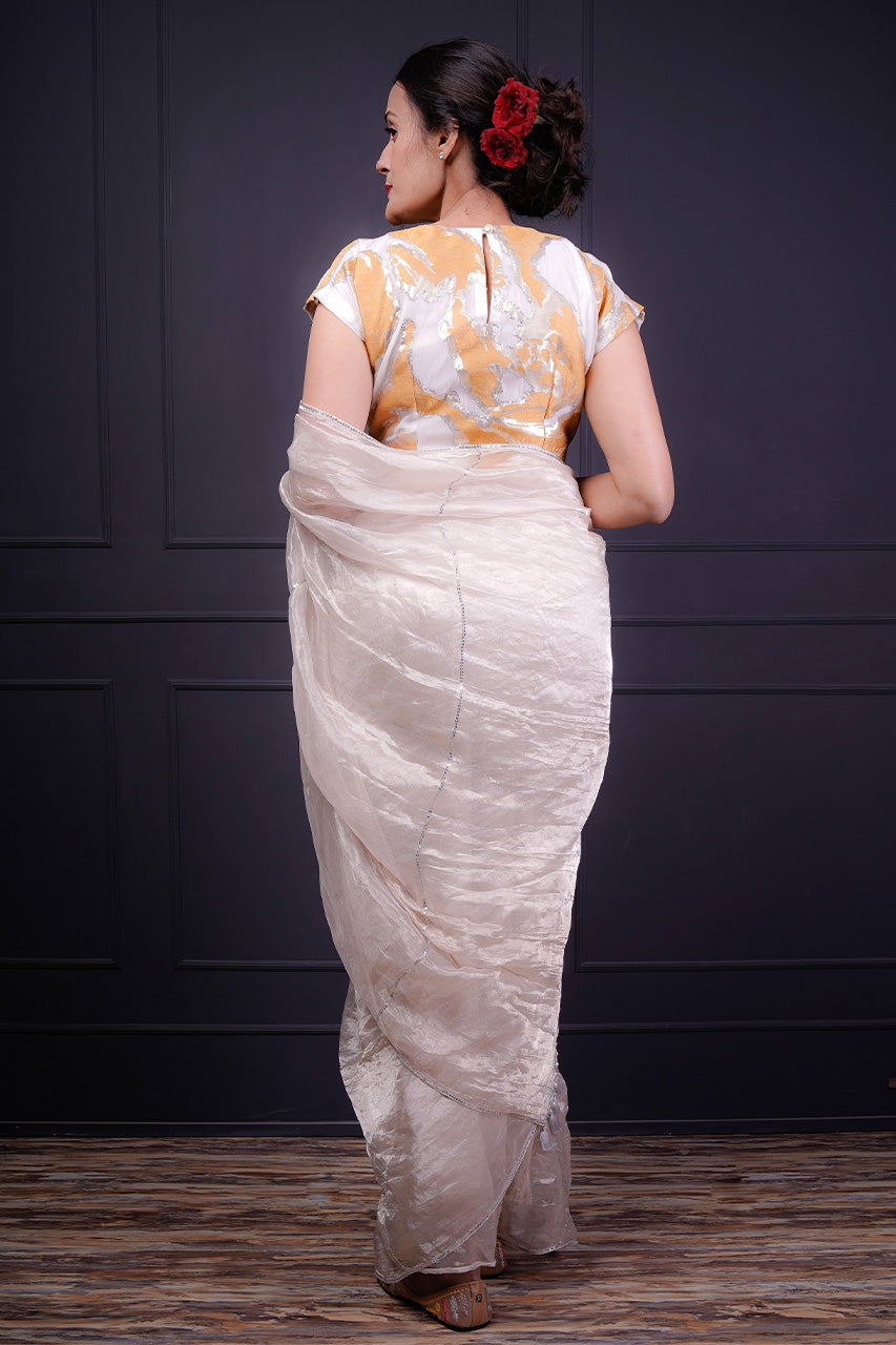 Self Blouse With Silver Tissue Saree