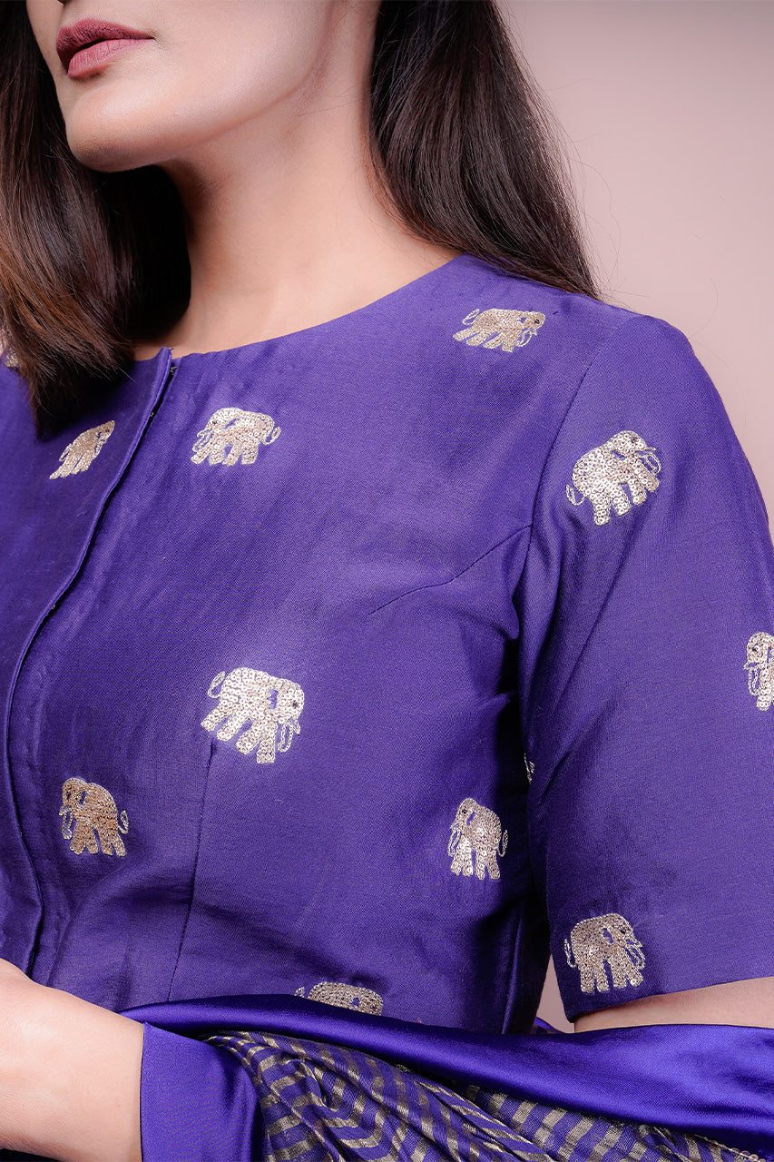Elephant Embroidered Blouse  With Sequin Highlighted Saree