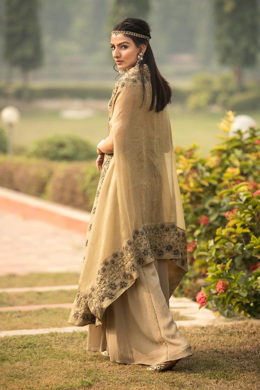 Sand Gold Kalidaar palazzo with overlapped peplum top and drape