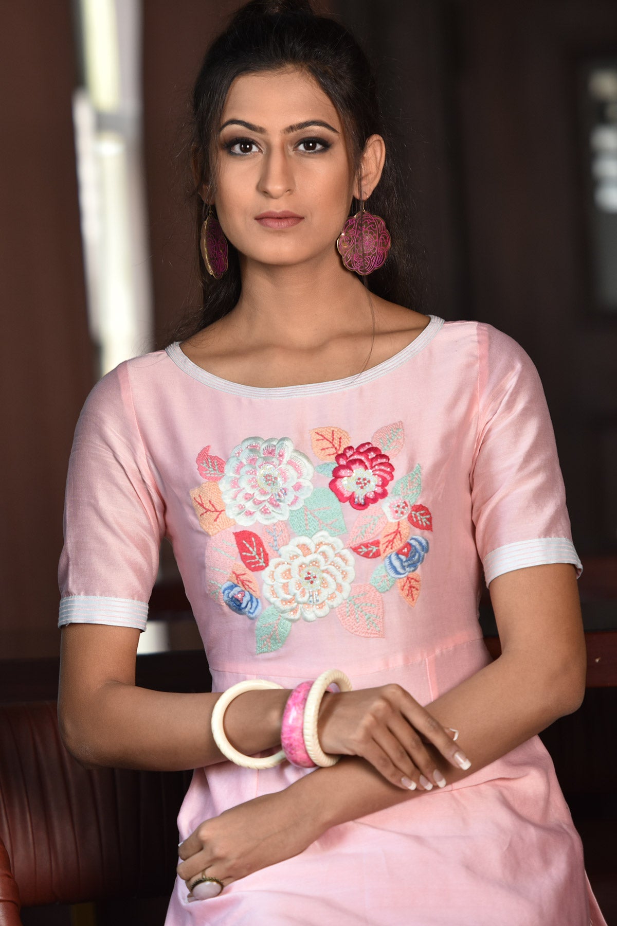 Floral Embroidered Kurta With Ruffle Detailing On Bottomhem