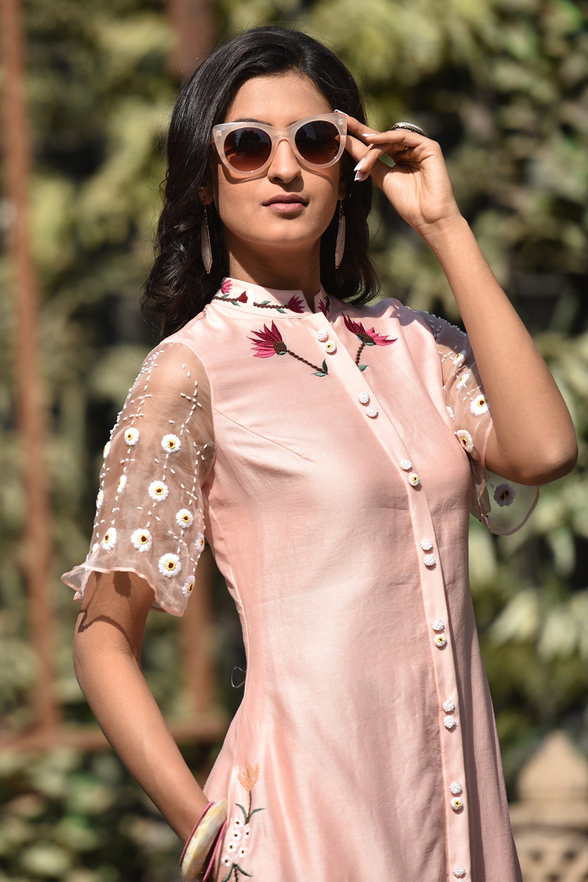 Floral Embroidered Kurta With Organza Sleeves