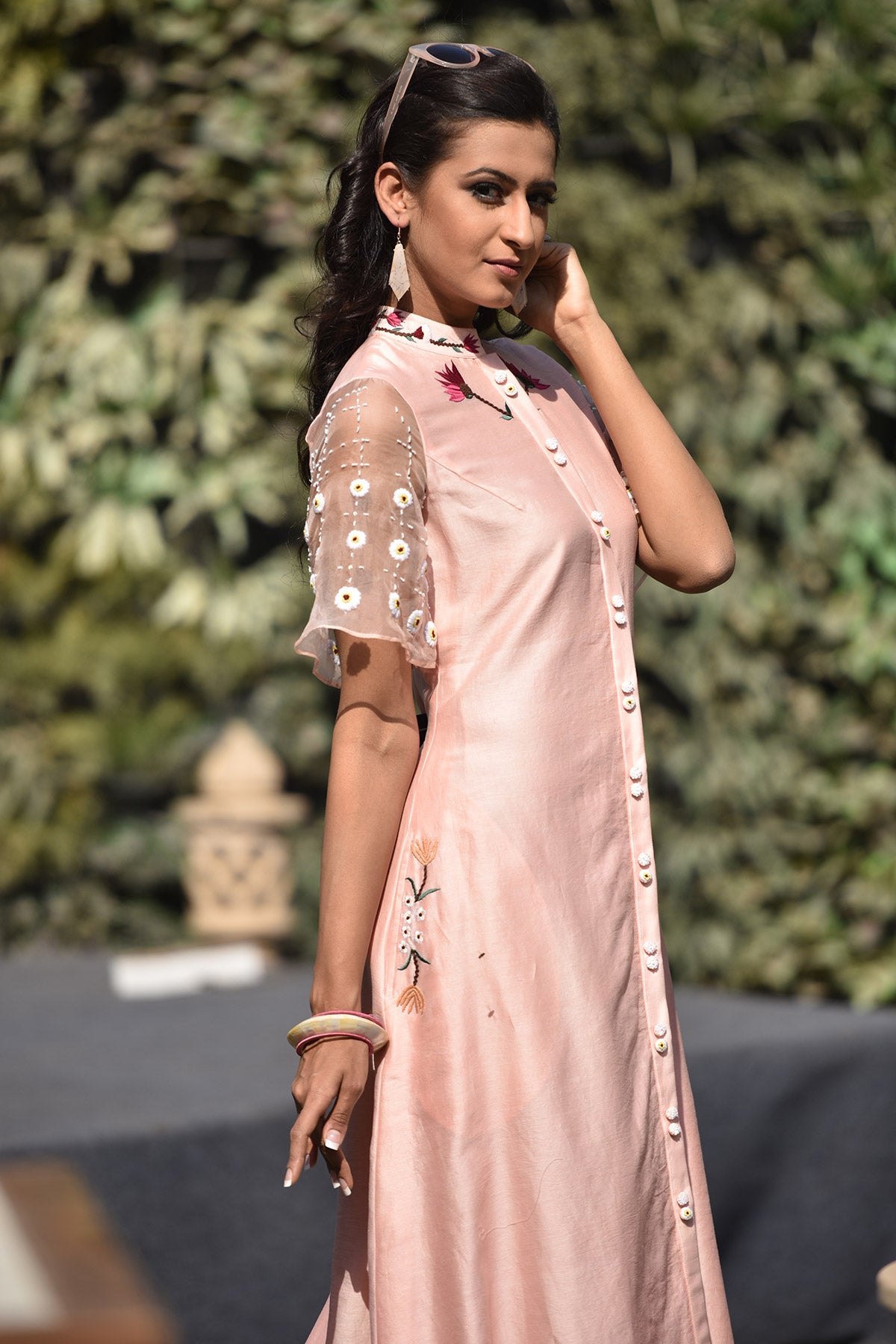 Floral Embroidered Kurta With Organza Sleeves
