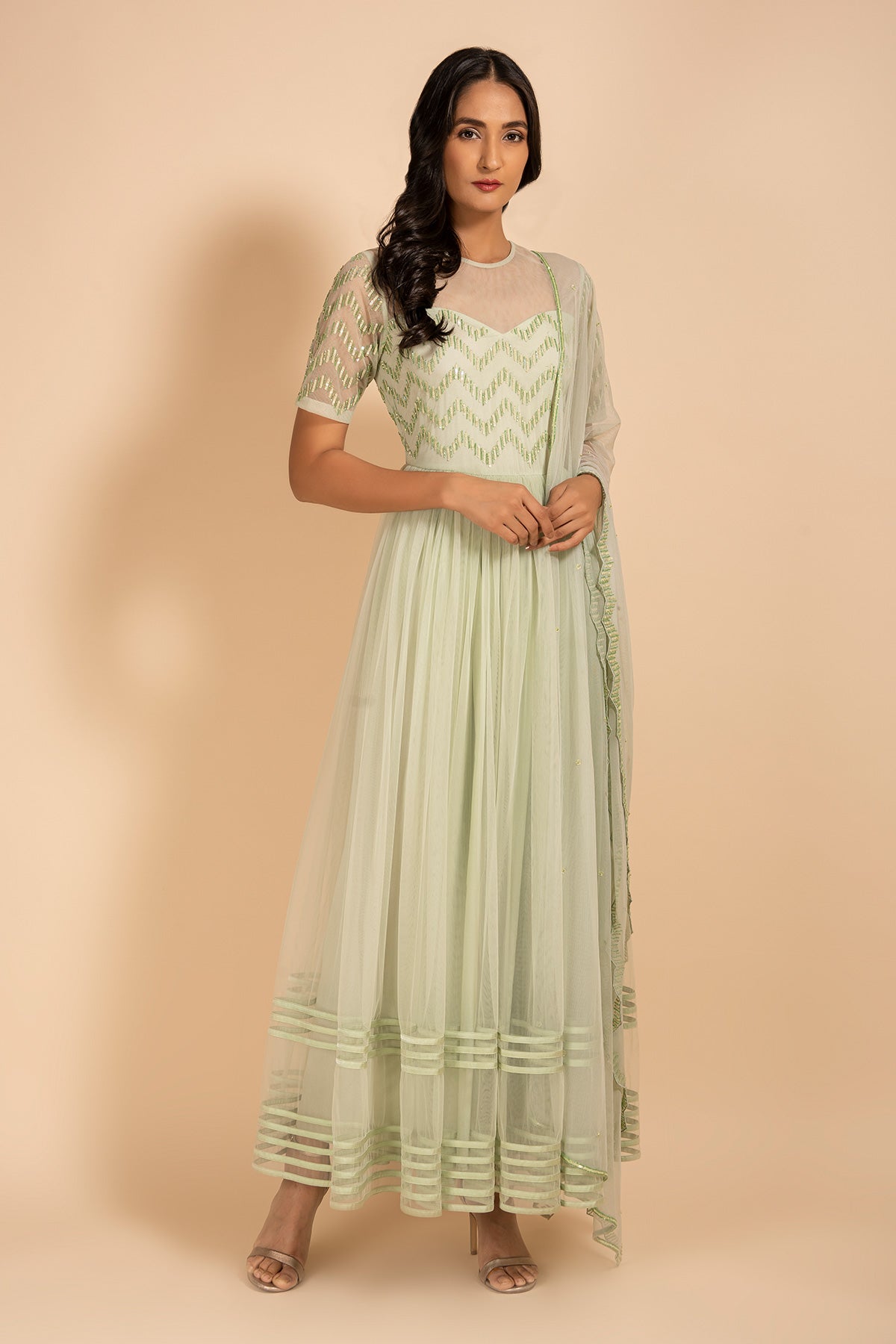 Geometrical Embroidered Anarkali With Dupatta