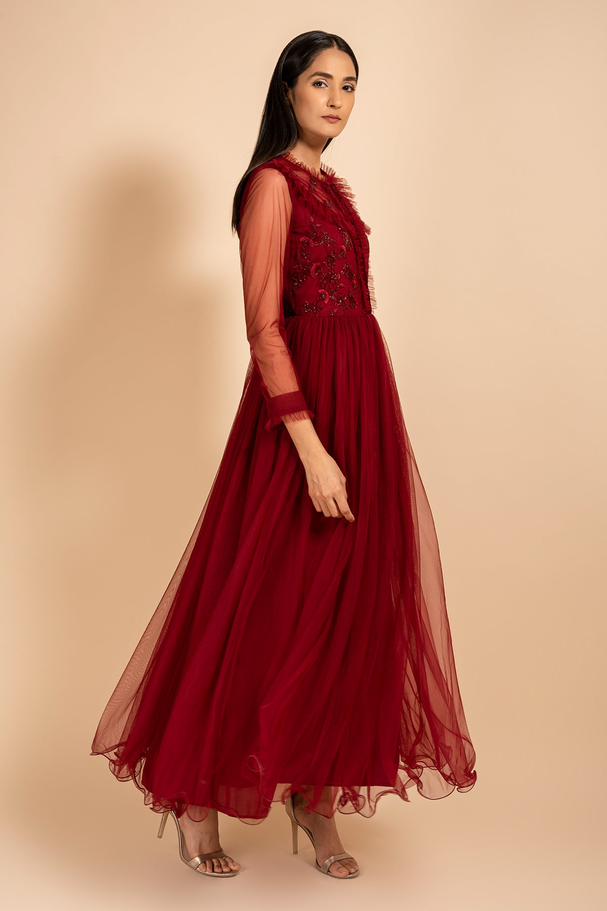 Red Gown Detailed With Pintucks And Floral Embroidery