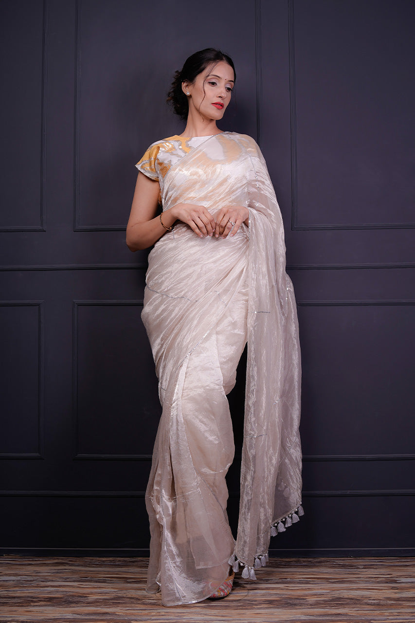 Self Blouse With Silver Tissue Saree