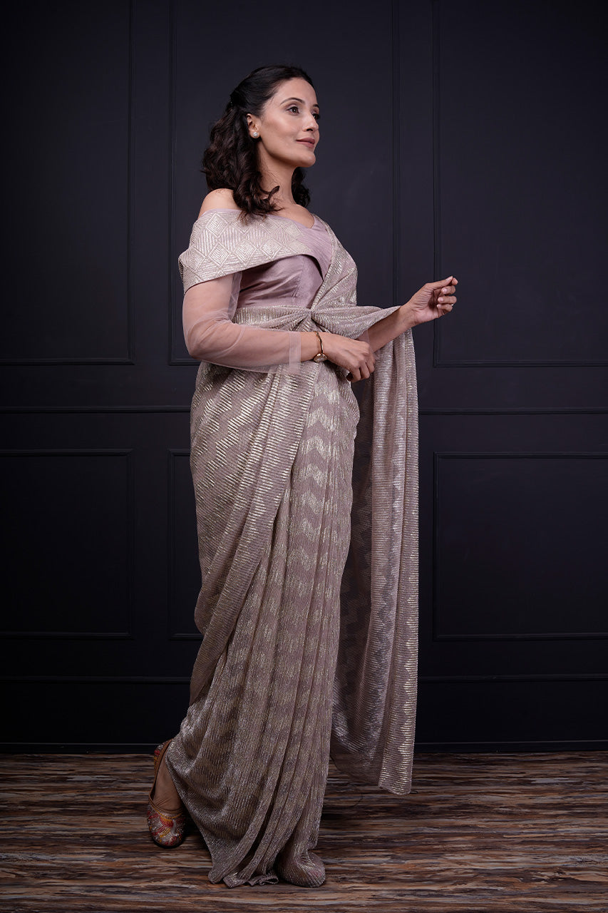 Floral Printed Muslin Slub Saree Paired With Off Shoulder Blouse - SOUP by  Sougat Paul