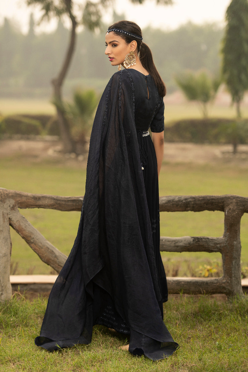 Midnight Blue gown and drape with an additional belt