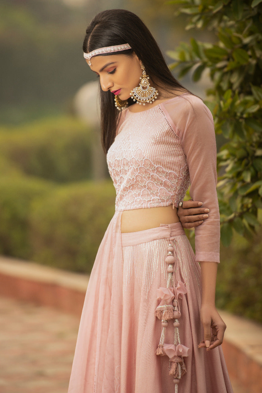 Pink Kalidar ruffle lehenga and one side panel blouse