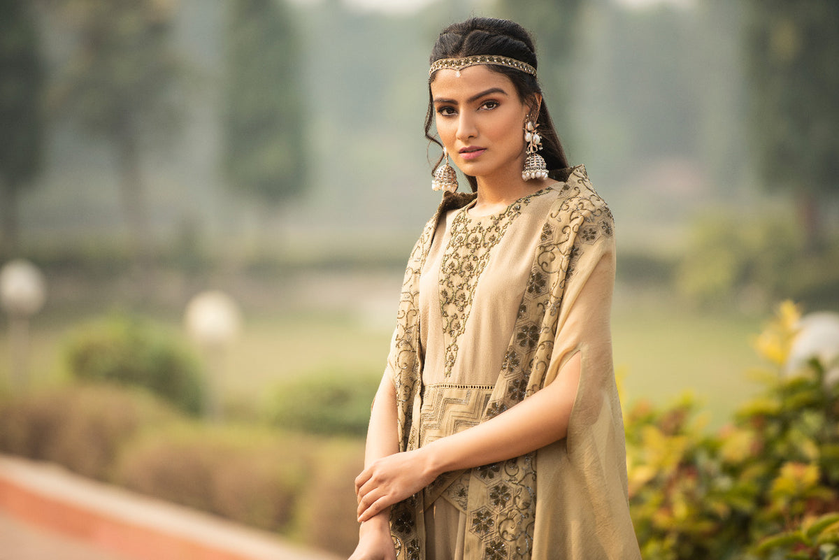 Sand Gold Kalidaar palazzo with overlapped peplum top and drape