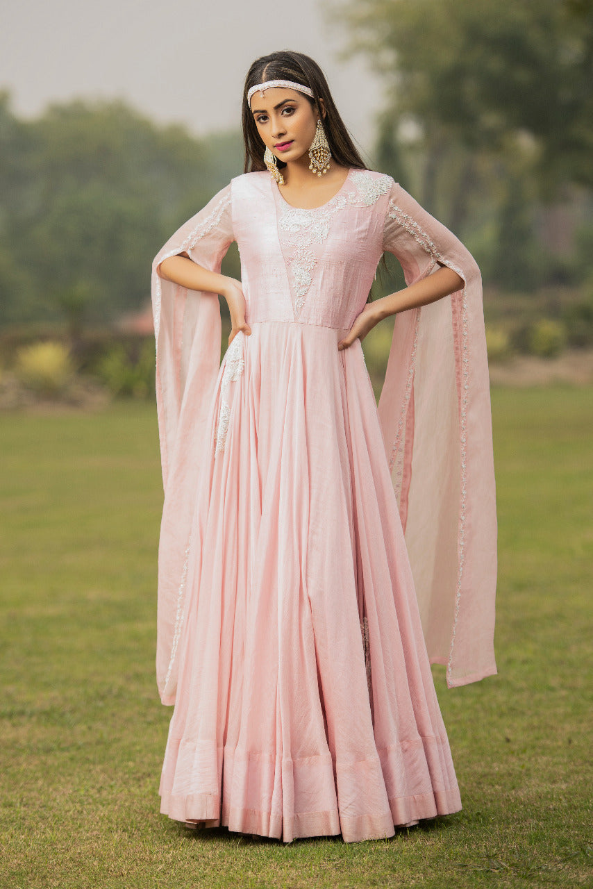 Pink Flaired gown with with elongated cut sleeves
