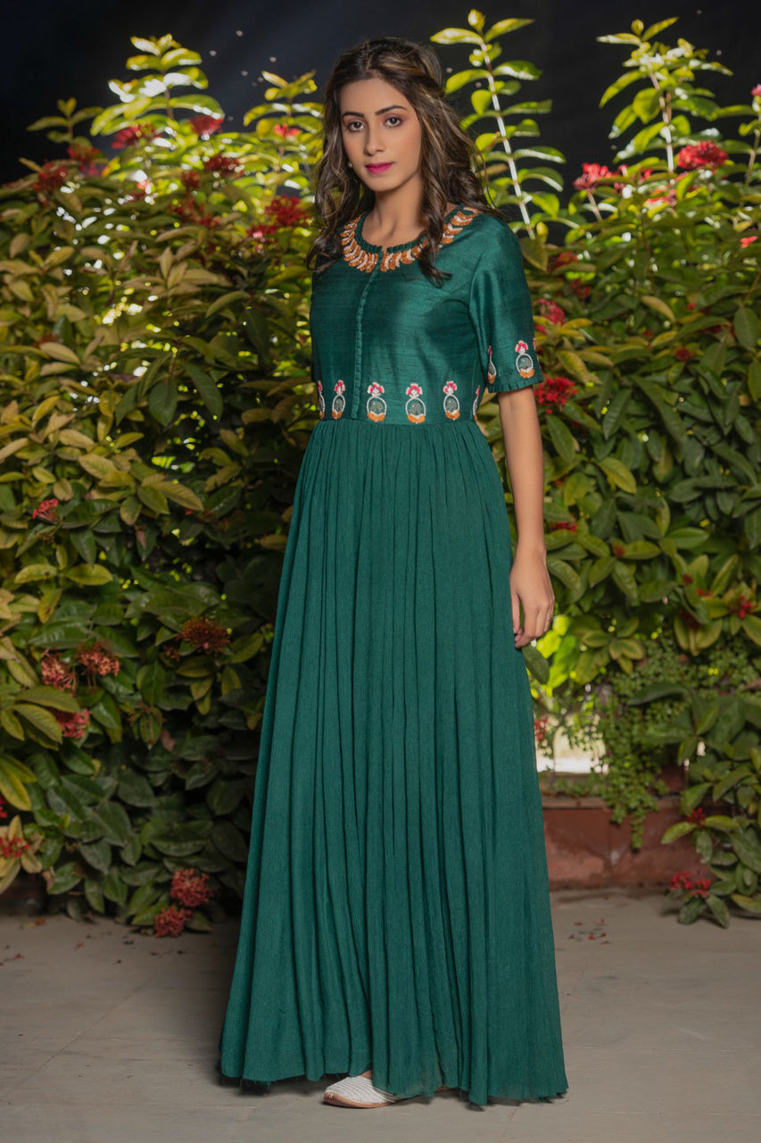 Emerald green gathered hand embroidered dress