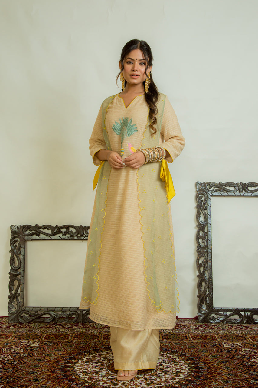 Long kurta with a scalloped overlay paired with straight plazzo