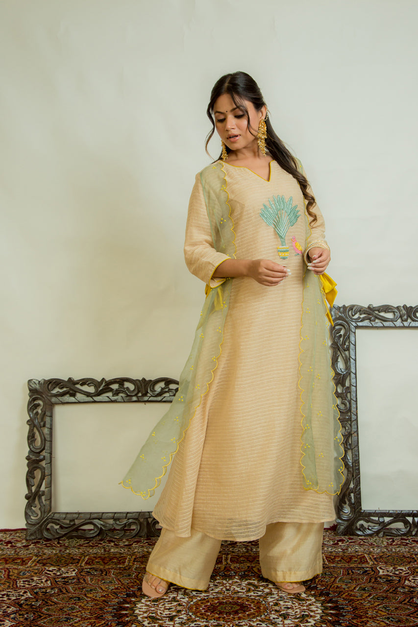 Long kurta with a scalloped overlay paired with straight plazzo